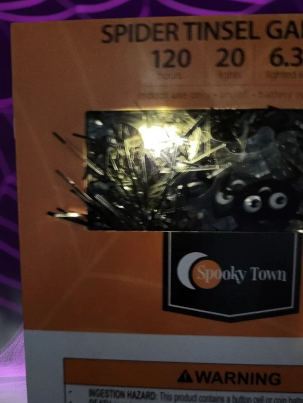 Spooky Town Lighted Spider Tinsel Garland Halloween Decor